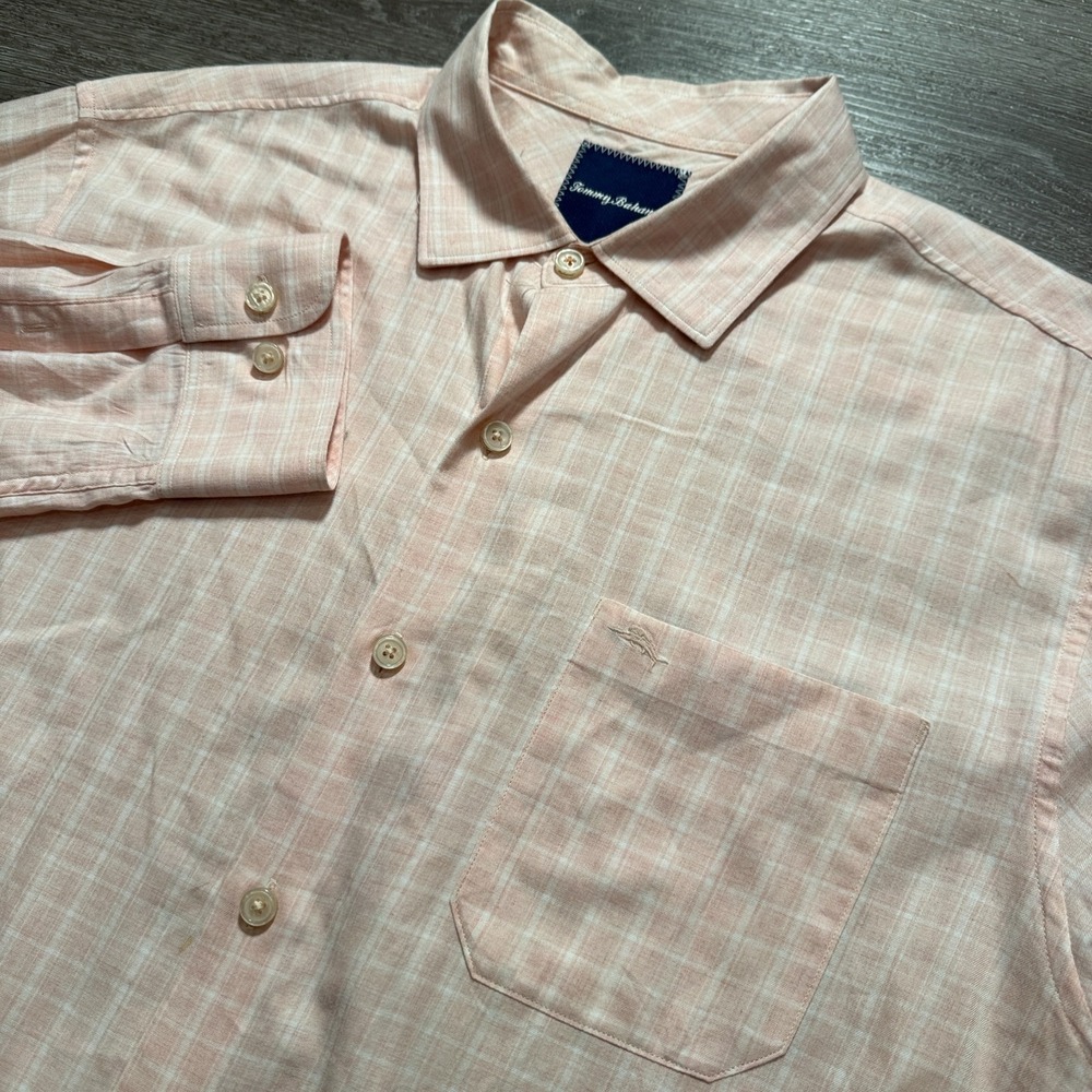 Tommy Bahama Shirt Mens Large Pink Plaid Button Up Island Modern Fit 100% Cotton